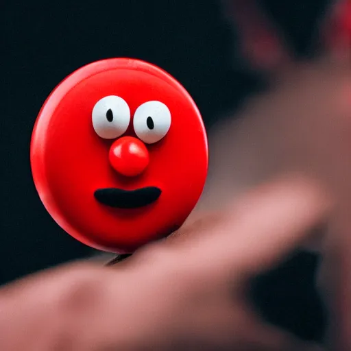 Image similar to photo of the red m & m character with the face of borat