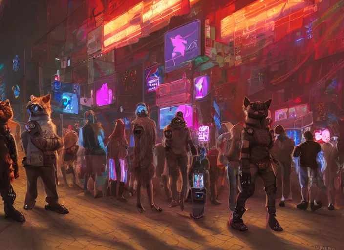 Image similar to high - resolution photograph from a cyberpunk era furry fandom convention ( midwest furfest 2 0 4 7 ), taking place after the genetic revolution and quantum singularity. photorealistic.