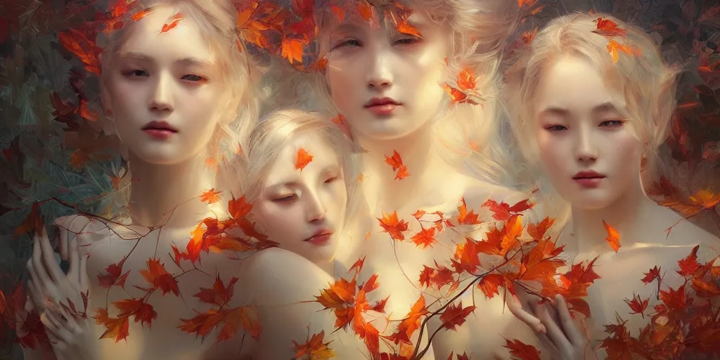 Image similar to breathtaking detailed concept art painting art deco pattern of blonde goddesses faces amalgamation autumn leaves, by hsiao - ron cheng and volegov, bizarre compositions, exquisite detail, extremely moody lighting, 8 k