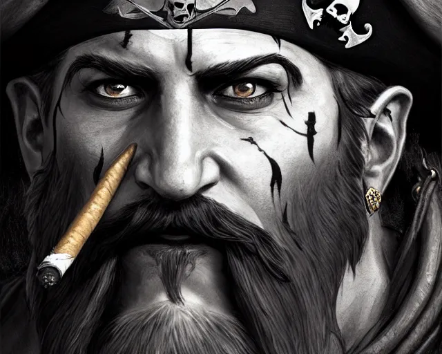 Image similar to close up of a pirate face, beard, cigar, smirk, black hair, face tattoo, deep focus, d & d, fantasy, intricate, elegant, highly detailed, digital painting, artstation, concept art, matte, sharp focus, illustration, hearthstone, art by artgerm and greg rutkowski and alphonse mucha