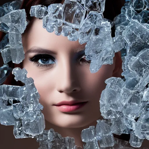Image similar to gorgeous woman made out of clear ice crystals, extremely high detail and masterful composition, highly symmetric, 8K, Leica Vario-Elmar-S 30-90mm f/3.5-5.6 ASPH