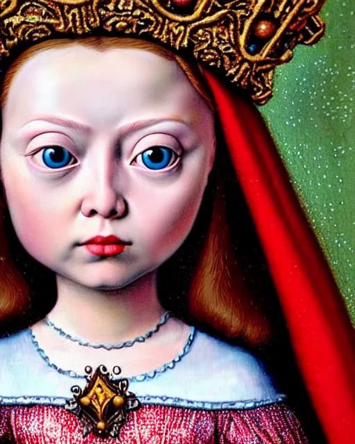 Prompt: closeup profile medieval jan van eyck face portrait of tin toy greta thunberg as a fairytale princess wearing a crown eating cakes in the castle, bikini, nicoletta ceccoli, mark ryden, lostfish, max fleischer, hyper realistic, artstation, illustration, digital paint, matte paint, vivid colors, bright, cheerful, detailed and intricate environment