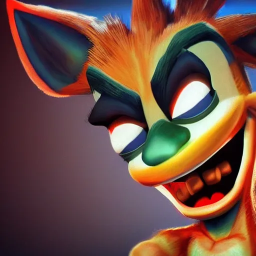 Image similar to crash bandicoot creepy hyperrealistic looking at the camera, artstation, dark, scary, showing teeth, bloodshot eyes, trending