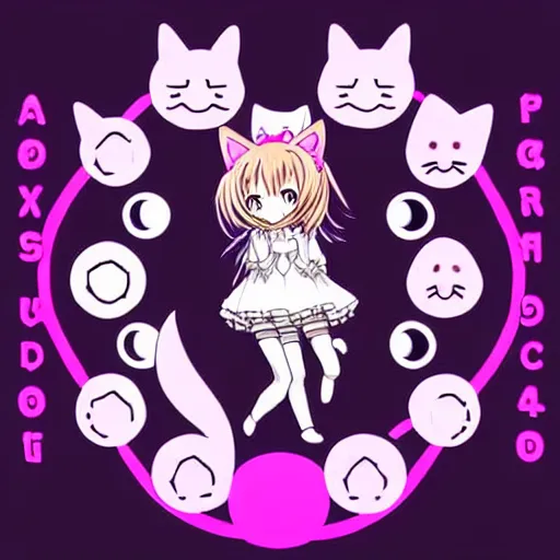 Image similar to digital card art of anime (cat) girl with cat ears surrounded by magic circles. Pink hue. Highly detailed. Beautiful