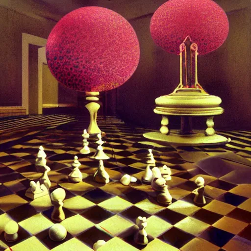 Prompt: David Friedrich, giant marble chess pieces, gold rings, liminal spaces, party balloons, checkered pattern, mirrors, David Friedrich, award winning masterpiece with incredible details, Zhang Kechun, a surreal vaporwave vaporwave vaporwave vaporwave vaporwave painting by Thomas Cole of an old pink mannequin head with flowers growing out, sinking underwater, highly detailed