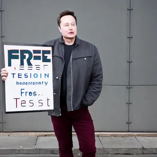 Prompt: Elon Musk holding a sign saying Free Teslas, highly detailed, high quality, HD, 4k, 8k, Canon 300mm, professional photographer, 40mp, lifelike, top-rated, award winning, realistic, sharp, no blur, edited, corrected, trending