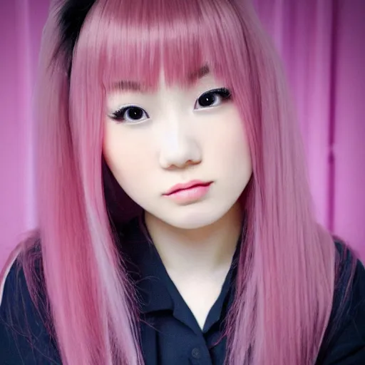 Prompt: Photo of Nikki from Shining Nikki as a real person, a cute petite Chinese young woman with long light-pink hair color and full straight bangs, heart-shaped face, pale skin