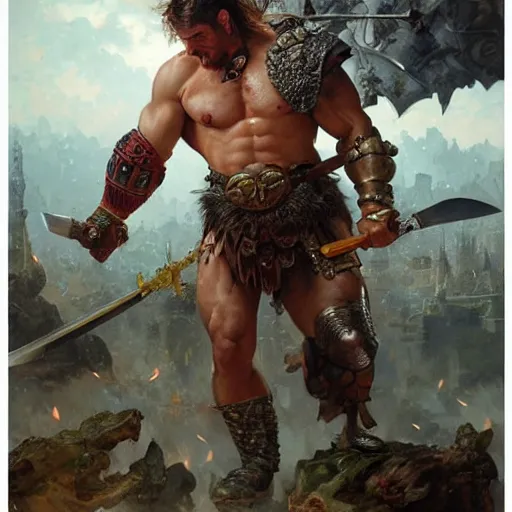 Image similar to muscular male barbarian fighting the world, intricate details, large sword, smoke and fire, by Stanley Artgerm Lau, by greg rutkowski, by thomas kindkade, by alphonse mucha, loish, by norman rockwell J.