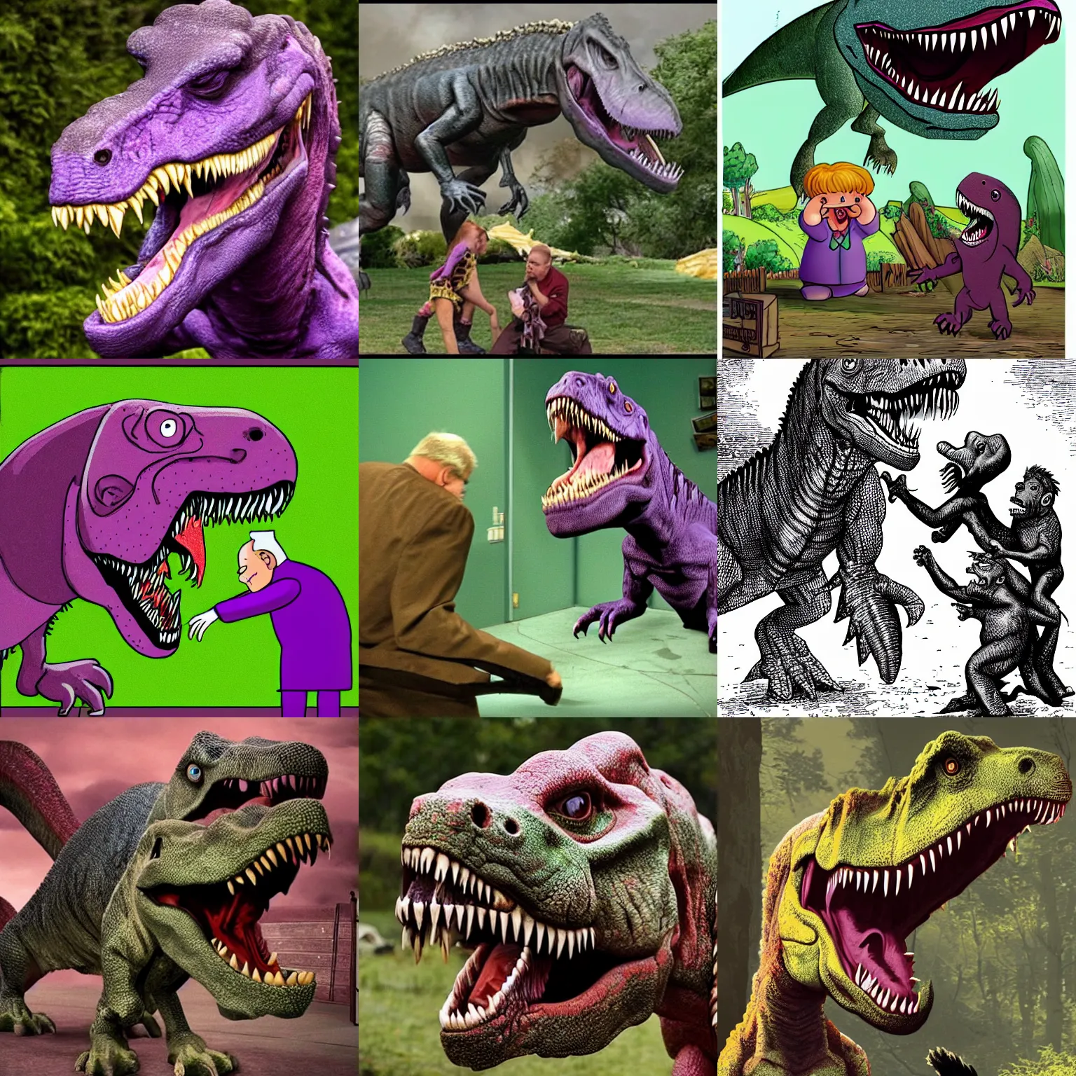 Prompt: barney is being eaten by a tyrannosaurus rex