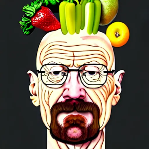 Image similar to walter white in the style of giuseppe arcimboldo, only fruits and veggies