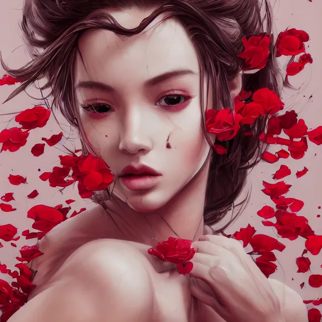 Image similar to studio portrait absurdly beautiful, elegant, graceful, young hypercolorful sensual gravure idol rubies and red petals, ultrafine hyperrealistic detailed face illustration by kim jung gi, irakli nadar, intricate linework, sharp focus, bright colors, matte, octopath traveler, final fantasy, unreal engine highly rendered, global illumination, radiant light, intricate environment