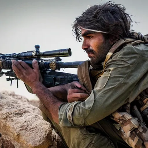 Image similar to kurdish ypg sniper in a movie directed by christopher nolan, movie still frame, promotional image, imax 7 0 mm footage, 8 k uhd