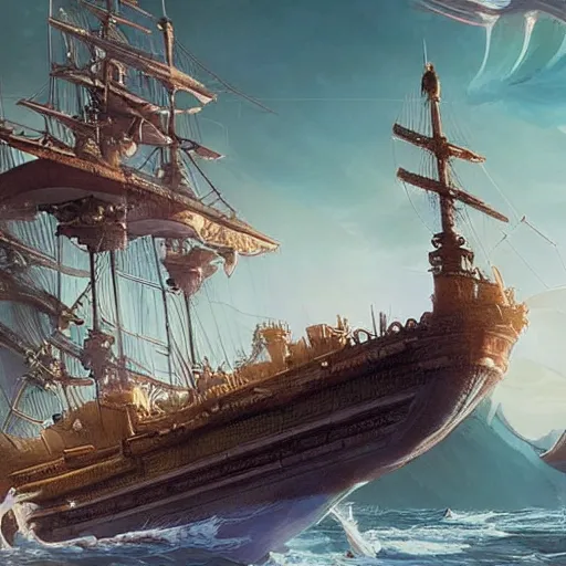 Image similar to flyting pirateship by H.P. Lovecraft, abaddon and magali villeneuve, ghibli moebius, 8k, epic scene, scifi, unreal engine, trending on cg station. masterpiece.