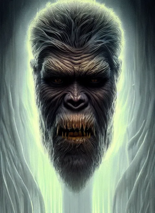 Image similar to symmetry!! portrait of scary bigfoot, horror, moody lights!! intricate, scary, highly detailed, digital painting, artstation, concept art, smooth, sharp focus, illustration, art by artgerm and greg rutkowski and alphonse mucha