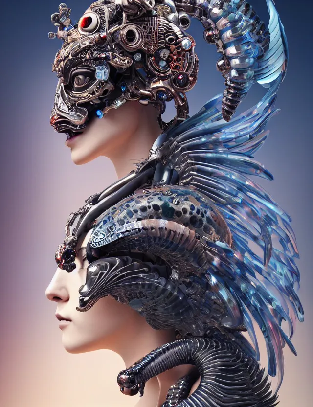 Image similar to 3 d goddess cyborg close - up profile portrait with ram skull. beautiful intricately detailed japanese crow kitsune mask and clasical japanese kimono. betta fish, jellyfish phoenix, bio luminescent, plasma, ice, water, wind, creature, artwork by tooth wu and wlop and beeple and greg rutkowski