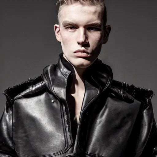 Prompt: an award - winning photo of a male model wearing a baggy designer medieval cropped leather menswear jacket designed by alexander mcqueen, 4 k, studio lighting