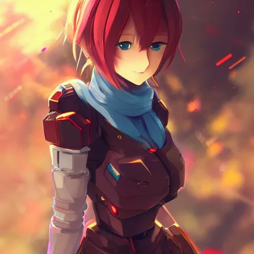 Image similar to digital anime art. full body. cute girl red mech arms and mech legs. blue eyes. gold short hair. wlop, rossdraws, sakimimichan