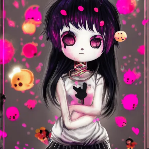 Image similar to photo of a emo manic pixie dream girl, 8k, portrait | sanrio glitchcore yokai girl, shadowverse character concept, found footage horror, glitter gif