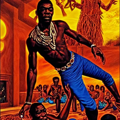 Image similar to fela kuti by clyde caldwell, very detailed, low contrast dramatic colors, 4 k