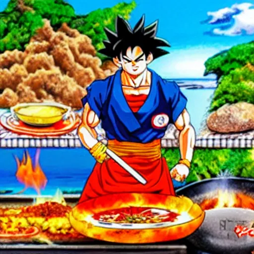 Image similar to son goku cooking a paella on the beach by akira toriyama