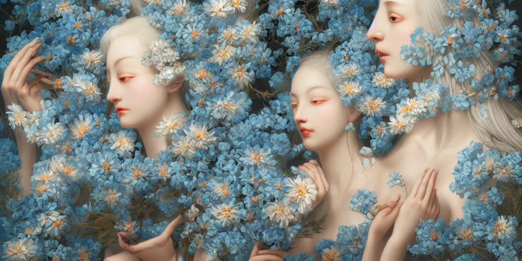 Image similar to breathtaking detailed concept art painting art deco pattern of blonde faces goddesses amalmation light - blue flowers with anxious piercing eyes and blend of flowers and birds, by hsiao - ron cheng and john james audubon, bizarre compositions, exquisite detail, extremely moody lighting, 8 k