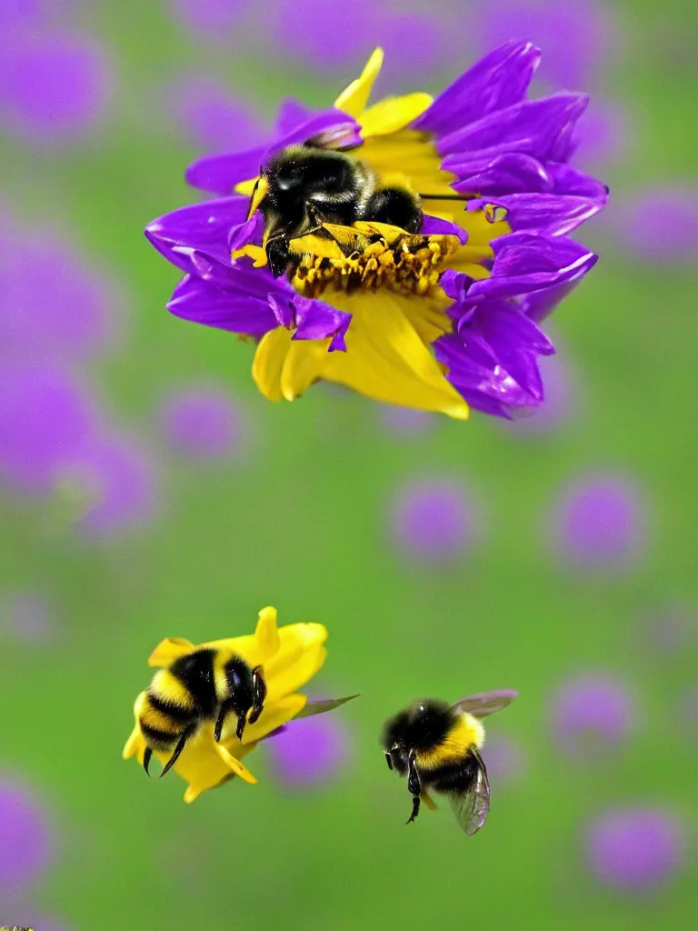 Prompt: bumble bee flying through glowing ring landing on a purple dahlia, hyper-detailed, digital art, artist Bev Dolittle