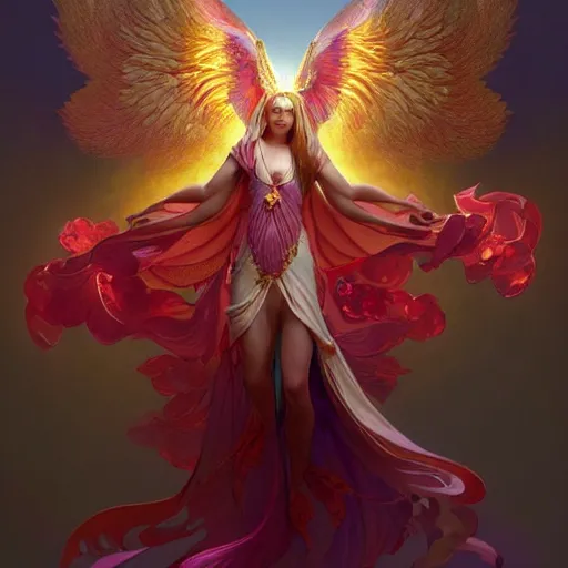 Image similar to a beautiful orchid phoenix angel woman, in an ornamented dress with large wings, volumetric light, god rays, 8 k high resolution, rubies, by greg rutkowski, artgerm, alphonse mucha