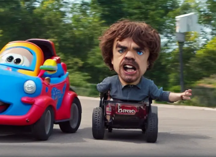 Image similar to peter dinklage driving a little tikes cozy coupe, movie still, from the new munsters movie, 8 k, realistic