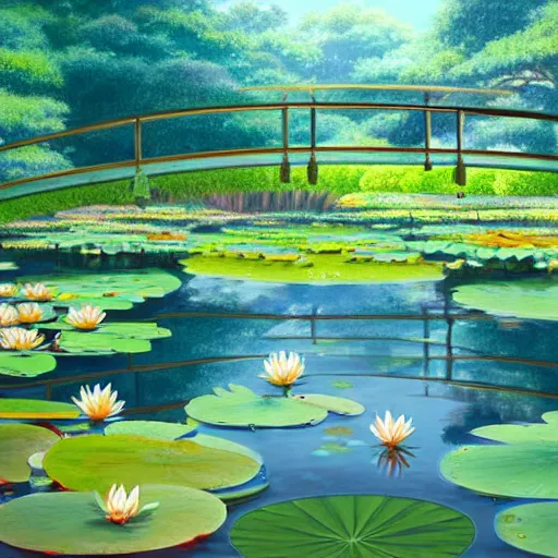 Image similar to a beautiful painting of a water lily pond by yusuke murata and makoto shinkai, cel shaded, unreal engine, highly detailed, iridescent, illustration, artstation,