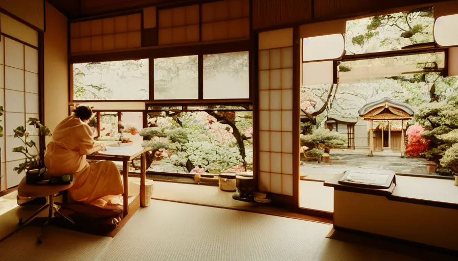 Image similar to 1 9 9 0 s candid 3 5 mm photo of a beautiful day in the a dreamy japanese flowery cottage designed by gucci, cinematic lighting, cinematic look, golden hour, a desk for flower arrangements and journaling has sun shinning on it through a window, temple in the distance, uhd