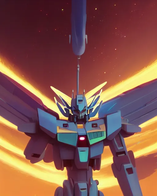 Image similar to highly detailed vfx portrait of an angel wings gundam with wings of feathers beam saber fighting in space with a beam gun, unreal engine, greg rutkowski, loish, rhads, beeple, makoto shinkai and lois van baarle, ilya kuvshinov, rossdraws, tom bagshaw, alphonse mucha, global illumination, detailed and intricate environment