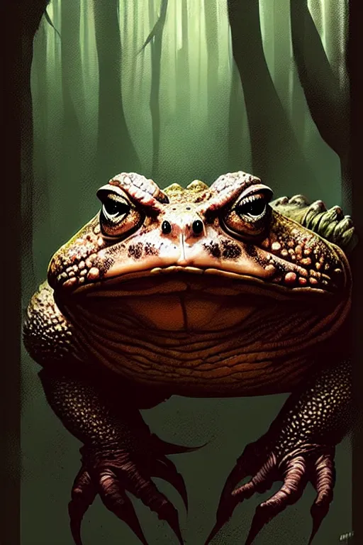 Image similar to greg rutkowski poster. giant gross toad