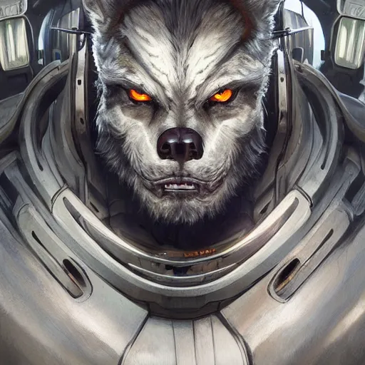 Prompt: portrait painting of a cybernetic grey werewolf with power armor, ultra realistic, concept art, intricate details, eerie, highly detailed, photorealistic, octane render, 8 k, unreal engine. art by artgerm and greg rutkowski and alphonse mucha