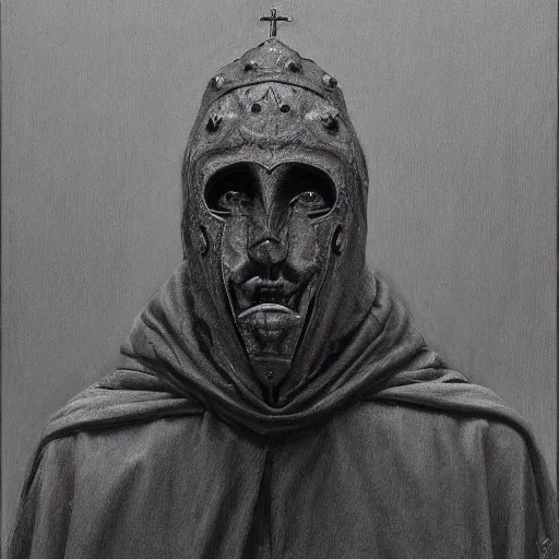 Image similar to Portrait of a priest with a golden mask with the face of Nicolas Cage dark fantasy, intricate, smooth, artstation, painted by Wayne Barlowe, zdislav beksinski