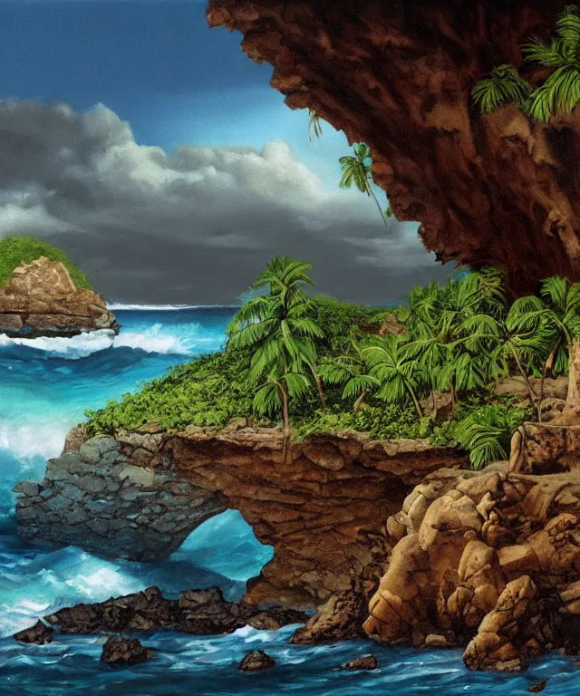 Prompt: photorealistic painting of turtle bay beach jamaica, sharp cliffs, island with cave, dark, atmospheric, brooding, smooth, finely detailed, cinematic, epic, lovecraft, in the style of larry elmore