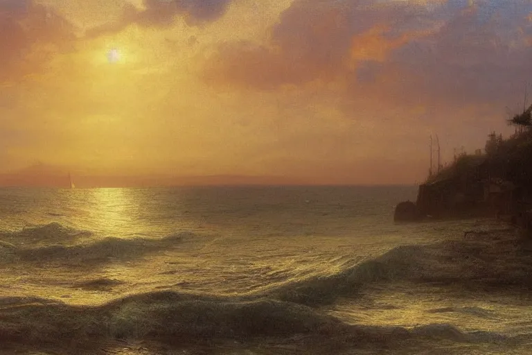 Image similar to sunset over a wooden cabin on the coast in the distance, sea, waves, oil painting, very detailed, colorful, cinematic lighting, albert bierstadt, theodor kittelsen, trending on artstation