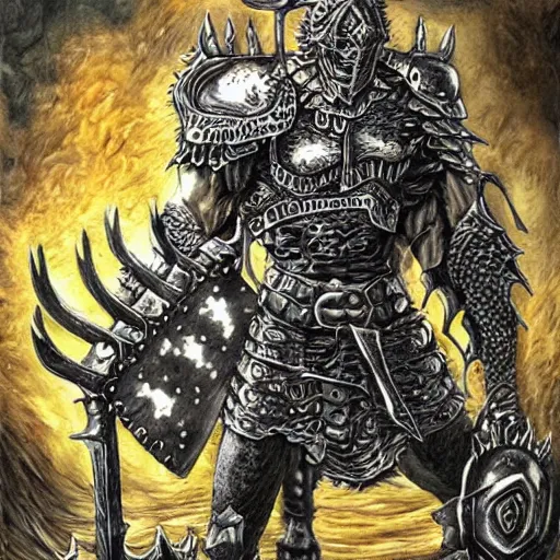 Prompt: intricate detailed burger armor warrior with huge fork weapon, dark fantasy art by kentaro miura