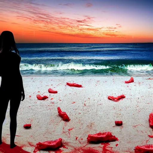 Prompt: beach at night, waves like teeth, blond woman staring from foreground, red tide, meat and blood in water , 4k,