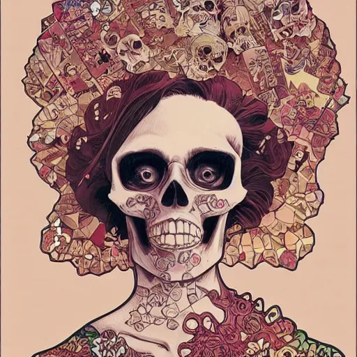 Prompt: manga skull portrait girl female skeleton realism hyperrealistic art Geof Darrow and will cotton alphonse mucha pop art kawaii