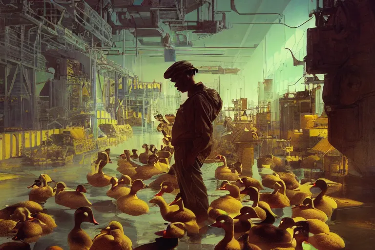 Image similar to A mixed media painting of a duck worker in front of a production line with babies on it, by Frank Frazetta, Greg Rutkowski, Beeple, post-processing, low angle, masterpiece, cinematic, isometric, volumetric lighting