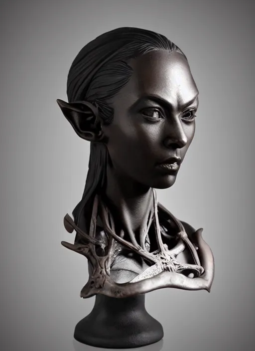 Prompt: a bust sculpture of anatomical detailed fantasy elvish character, very dark black skin, very beautiful, high forehead, high cheekbones, stylized, ceramic base, orthographic, studio lighting