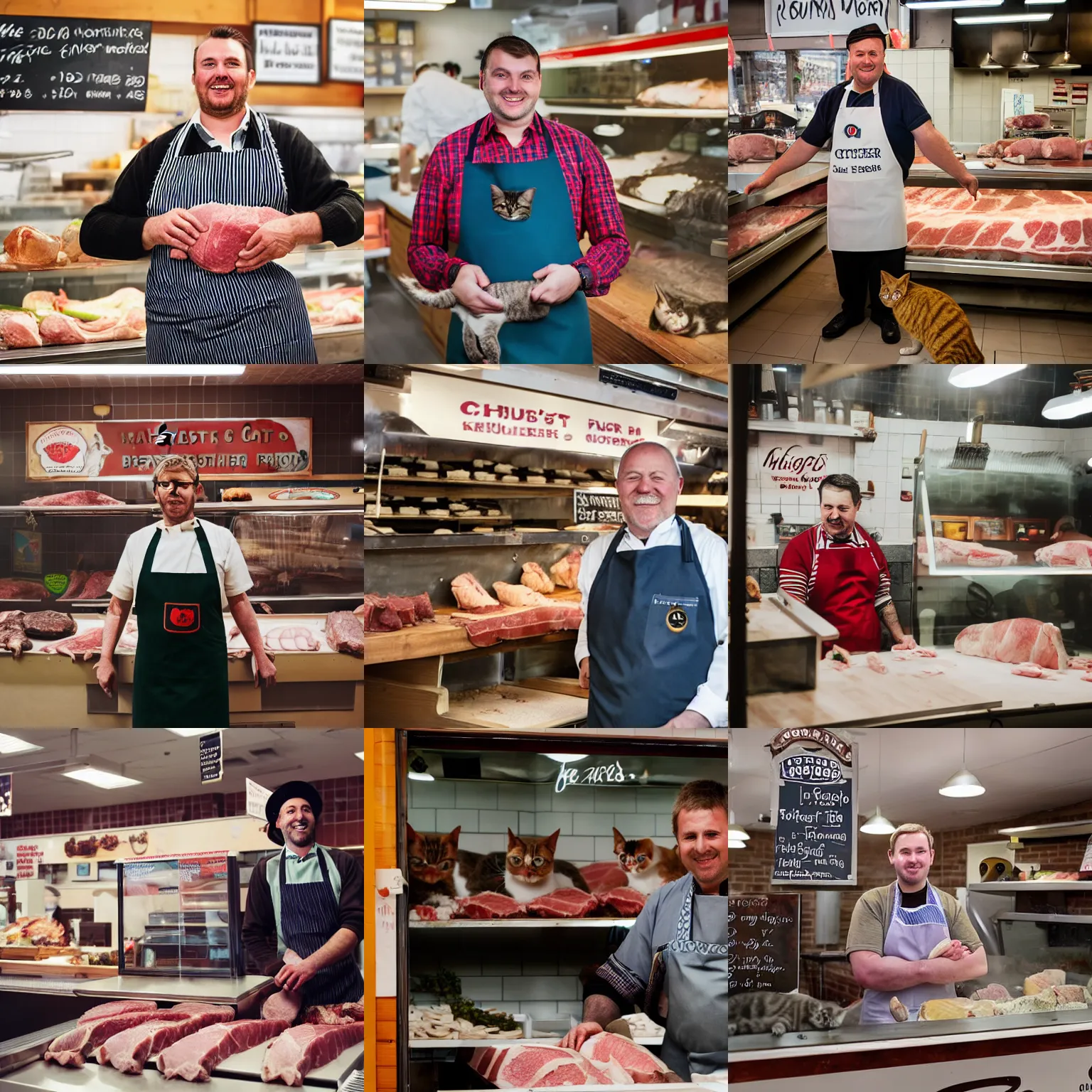 Prompt: a marketing photo of a friendly butcher behind the counter of a cat butcher shop