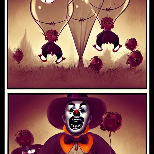 Prompt: dark horror clowns screaming balloons, artstation, gritty, scared