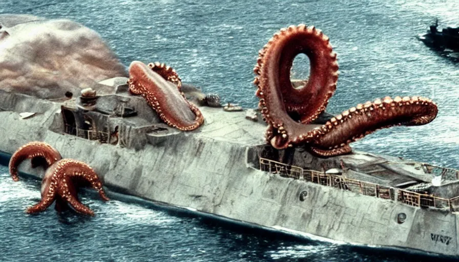 Image similar to Ridley Scott movie about an octopus attacking a nuclear submarine