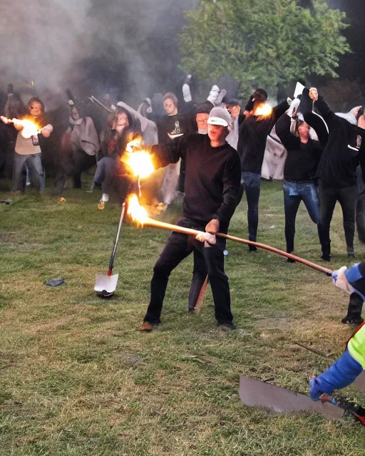 Prompt: a photo of an angry crowd of people with torches and rakes trying to destroy the Twitter Logo,