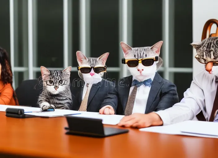 Image similar to photo of well dressed cats in spectacles at a management board meeting. Highly detailed 8k. Intricate. Sony a7r iv 55mm. Stock photo.