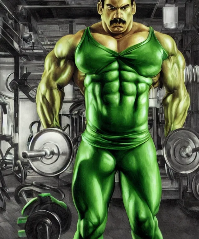 Image similar to muscular luigi wearing a green jumpsuit pumping iron in a dingy gym by ilya kuvshinov, bodybuilder ernest khalimov, super mario bros symmetrical face concept art, hyper realistic, intricate, elegent, highly detailed, digital painting, concept art, smooth, sharp, focus, illustration, art by artgerm and greg rutkowski and alphonse mucha, artstation