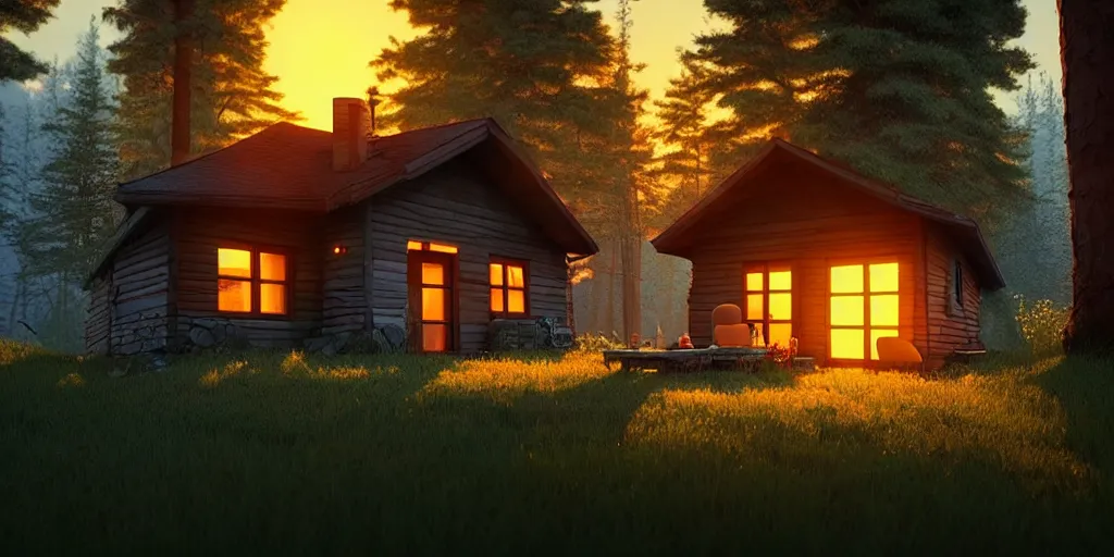 Prompt: a cozy little house in the woods, relaxing, 3 d concept art by scott zenteno, chill, relaxing, peaceful, sunset, extremely detailed art, unreal engine 5, hyper realism