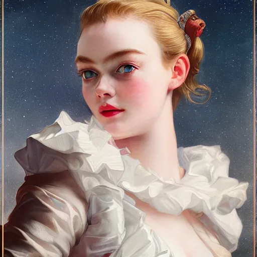 Image similar to leyendecker and peter paul rubens, head and shoulders portrait of a elle fanning, nighttime, dark starry sky, candlelit, unreal engine, fantasy art by global illumination, radiant light, detailed and intricate environment