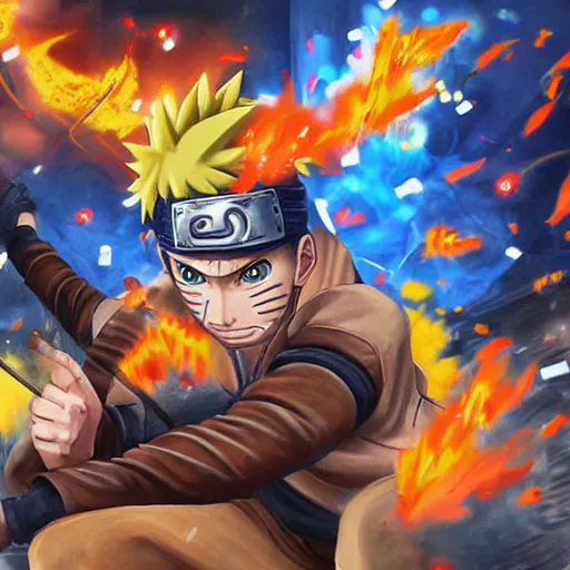 Prompt: a highly detailed painting of naruto playing Garena Free Fire fulfilling an important mission and fighting against many opponents in clock tower